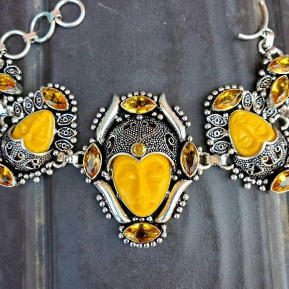 New Carved Yellow 3 Goddess Face Citrine 925 Silver Bracelet. - Picture 2 of 16